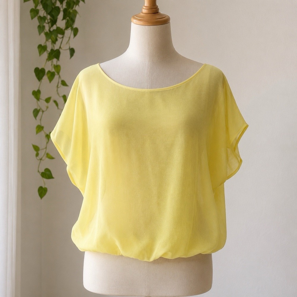 Made in Italy Bright Yellow Semi Sheer Blouse Dolman Short Sleeve Blouse Sz S